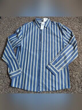 NWT Krost Beacon Blue Striped Cotton Long Sleeve Button Up Shirt Men's L